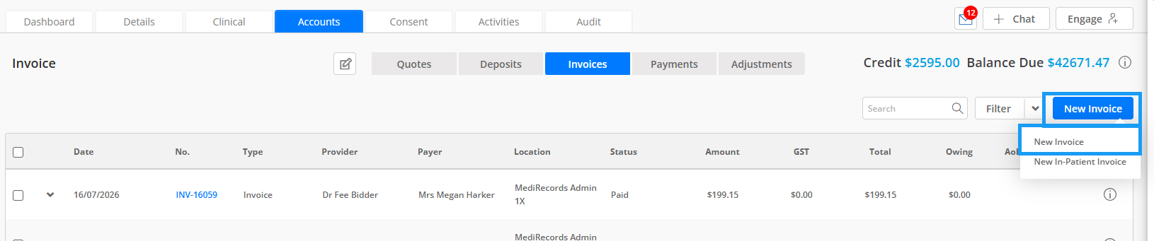 Invoices tab in a patient's Accounts record, showing the New Invoice button and dropdown with the New Invoice option highlighted