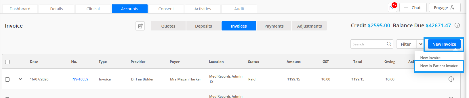Invoices tab in a patient's Accounts record, showing the New Invoice dropdown with the New In-Patient Invoice option highlighted