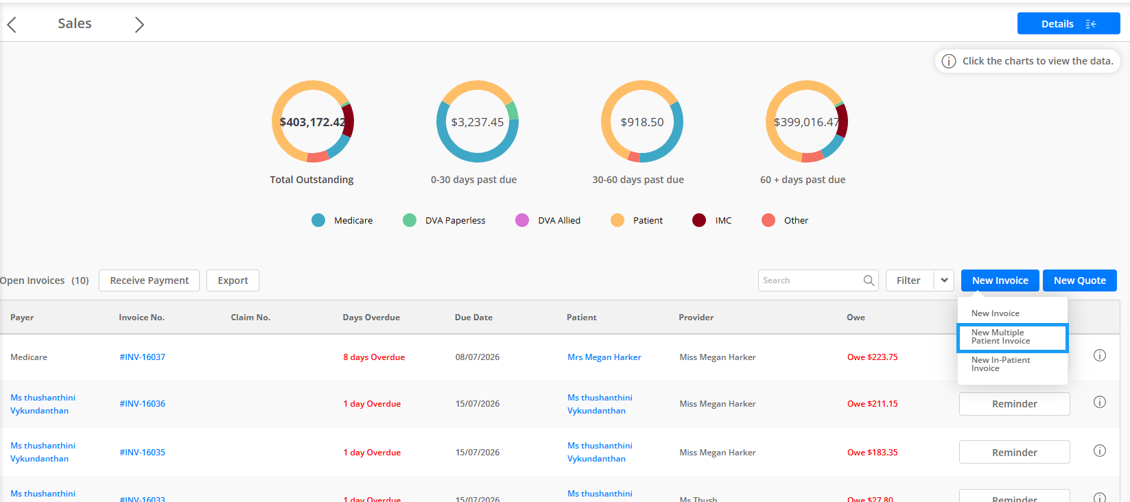 Sales screen showing the New Invoice dropdown with the New Multiple Patient Invoice option highlighted