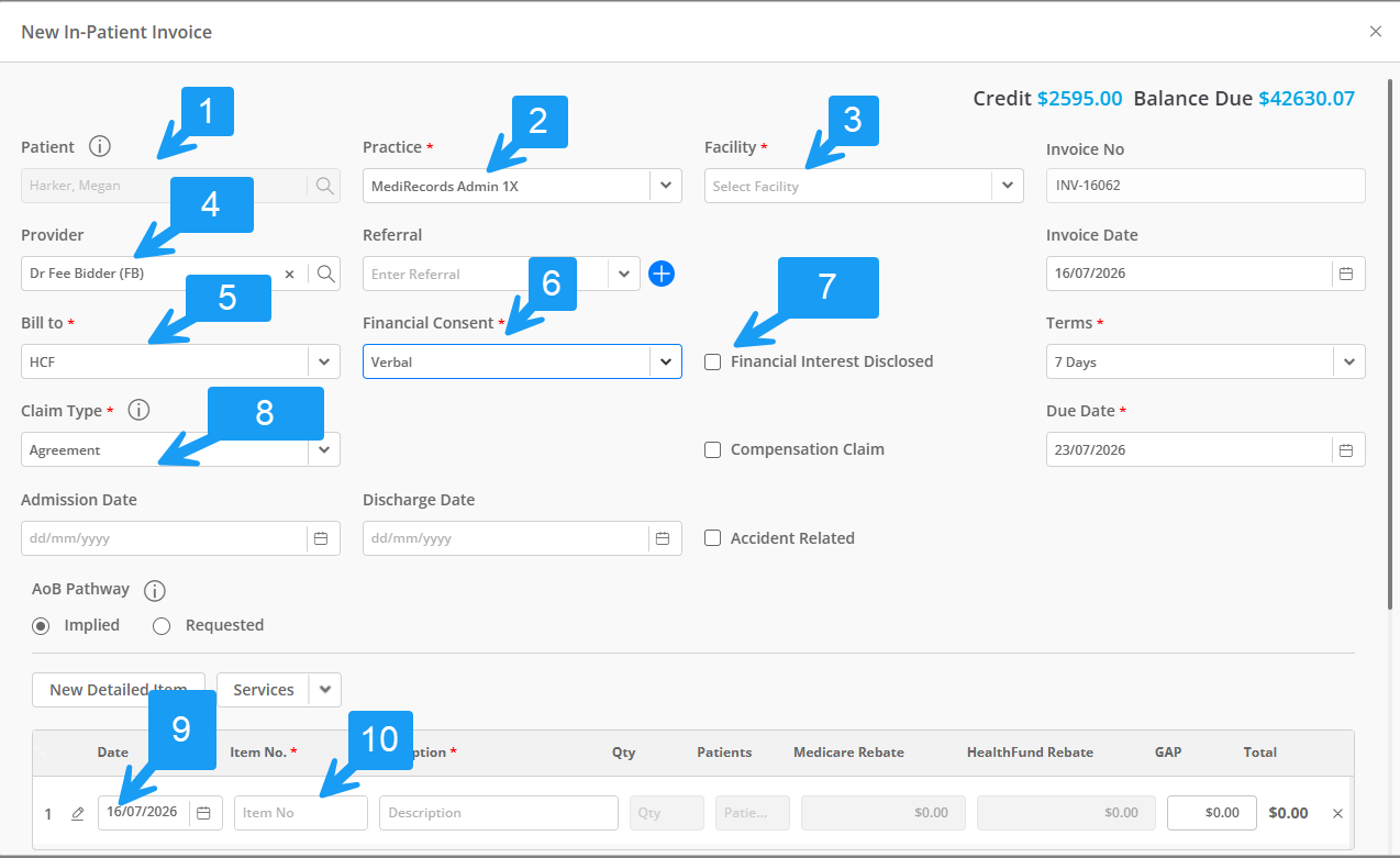 New In-Patient Invoice form showing the Patient, Practice, Facility, Provider, Bill To, Financial Consent, Claim Type, Admission Date, and Financial Interest Disclosed fields