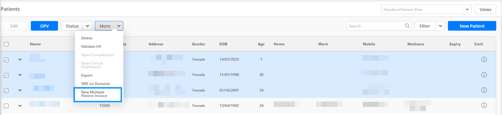 Patients list with multiple patients selected, showing the More dropdown with the New Multiple Patient Invoice option highlighted