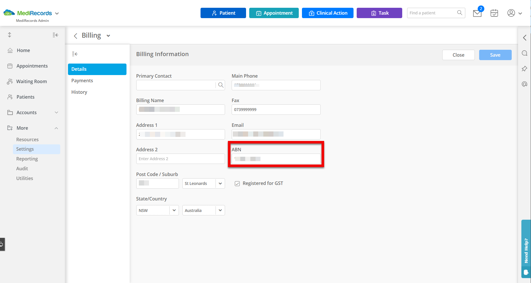 How do i add or update an abn number medirecords knowledge base