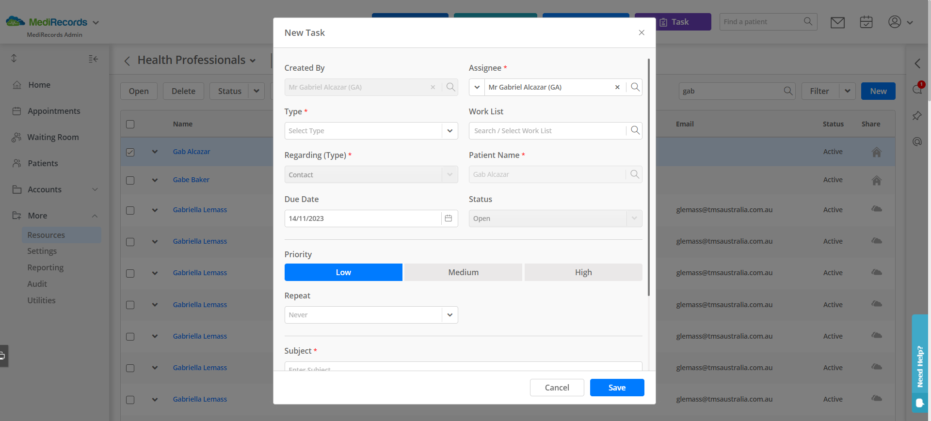 health professional create task window.png